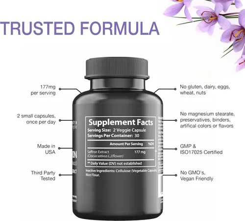 Miniatura 3 de Suplementos de azafrán de 177 mg, extracto de azafrán puro, fabricado en Estados Unidos, apoyo natural del estado de ánimo y energía, apoyo ocular