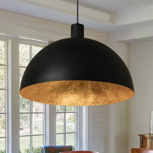 Lámpara colgante de cúpula negra y dorada, lámpara de araña industrial de cúpula grande de 20 pulgadas con interior de hoja de oro para comedor,