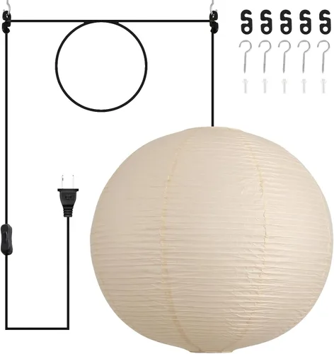 Miniatura 12 de Lámpara colgante de papel con enchufe, lámpara colgante de papel de arroz blanco roto de 20 pulgadas con cable de 19.7 pies de globo grande japonés