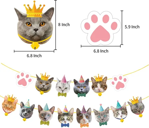 Miniatura 2 de TSJ Cartel de cumpleaños de gato, pancarta de fiesta de cara de gato, decoración de banderines de fiesta temática de gatito para recuerdos de fiesta