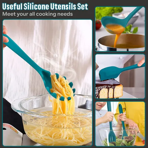 Miniatura 6 de E-far - Juego de utensilios de cocina de silicona, 7 piezas, color azul, resistentes al calor, herramientas antiadherentes, espátula, cucharón