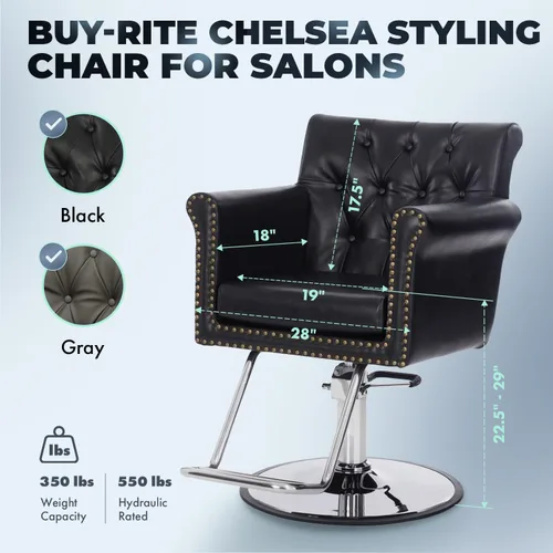 Miniatura 3 de Buy-Rite Chelsea - Silla de salón copetuda negra con ribete de clavos, cojín extraíble de 3.5 pulgadas, bomba hidráulica y brazos acolchados