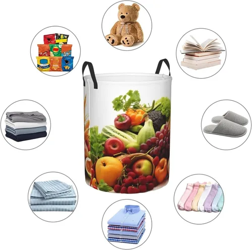 Miniatura 6 de Cesta circular con estampado de verduras y frutas, impermeable, cesta organizadora de ropa, con asas, para ropa, juguetes, pequeña
