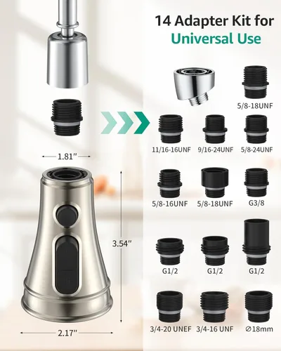 Miniatura 2 de Mbillion Reemplazo universal del cabezal del rociador de grifo de cocina de níquel cepillado, boquilla desplegable de 3 funciones con 14