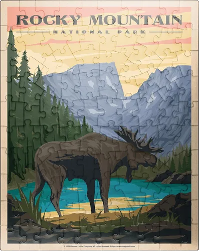 MyPuzzle Rocky Mountain National Park - Alce en el amanecer rocoso, póster de viaje vintage, rompecabezas de 100 piezas para adultos