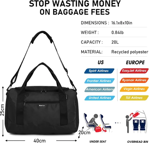 Miniatura 2 de ECOHUB Para Spirit Airlines - Bolsa de viaje de 18 x 14 x 8 pulgadas, bolsa de viaje, bolsa de lona de viaje, artículos esenciales de viaje, bolsa
