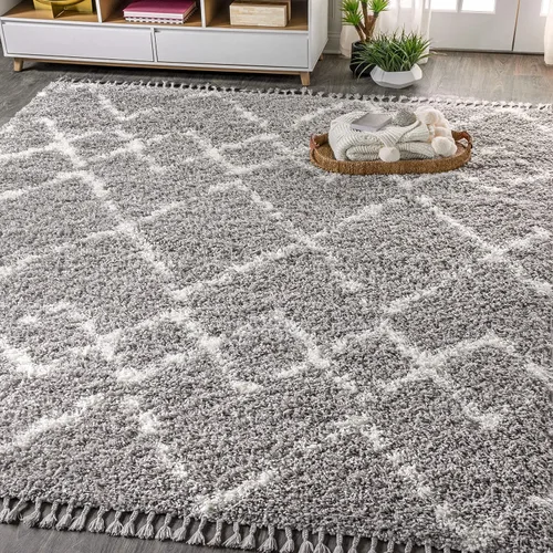 Miniatura 10 de Eyely RCM102A-28 Mercer SHAG - Alfombra de pasillo para interiores con borlas, marroquí, tribal, geométrica, enrejado, contemporánea; bohemio, Azul