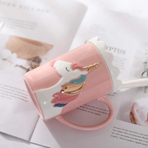 Miniatura 6 de Taza de unicornio BigNoseDeer, linda taza de café de cerámica con tapa y cuchara, lindas tazas para café, té, leche, lindas cosas Regalos