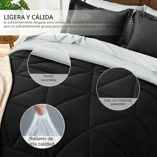 Miniatura 3 de BEDELITE Juego de edredón tamaño King de 7 piezas en una bolsa, juego de cama reversible de microfibra suave negro con edredones, sábanas, fundas