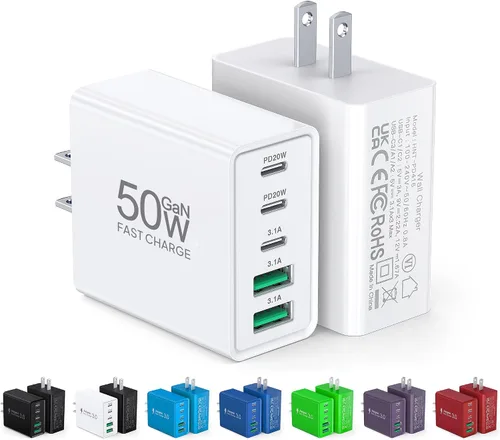 Miniatura 13 de [Paquete de 2] Cargador de pared USB C, bloque de cargador tipo C de 60 W, bloques de carga rápida de 5 puertos, enchufe multipuerto 3USB C+2USB A