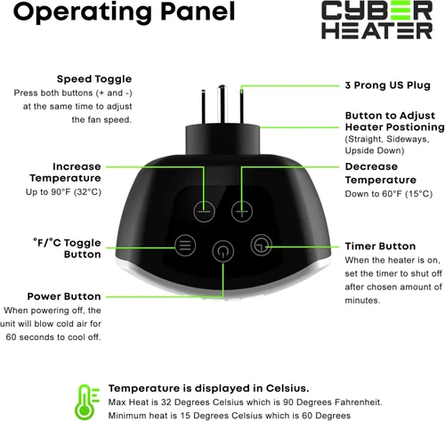 Miniatura 3 de Cyber Heater - Calentador portátil para uso en interiores, elegante y compacto con control remoto, cerámica eléctrica de 500 W para dormitorio