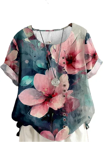 Miniatura 10 de domirica Camisetas de verano para mujer 2024 con estampado de flores, algodón, lino, manga corta, cuello redondo, camisas casuales de moda