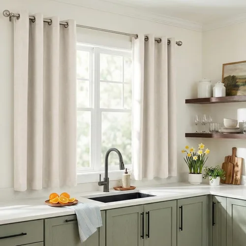 Miniatura 2 de 100% Blackout Shield Cortinas opacas de lino para dormitorio de 45 pulgadas de largo, cortinas beige con ojales para sala de estar, cortinas
