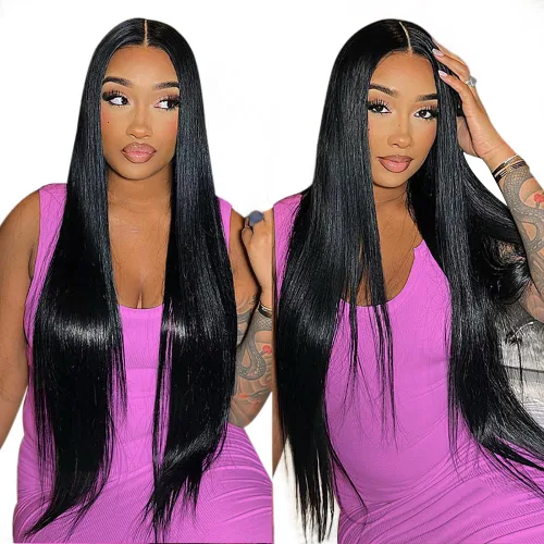 Miniatura 24 de mengkai Pelucas de cabello humano de 32 pulgadas con encaje frontal de 13x6, cabello humano predesplumado liso, peluca frontal de encaje HD