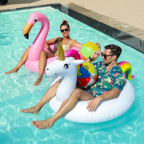 Miniatura 4 de PARENTSWELL Flotadores inflables de unicornio y flamenco de 43 pulgadas, paquete de 2 flotadores de tubo de piscina con 2 bolas de playa, tubos