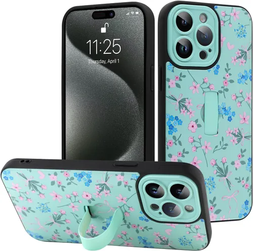 Miniatura 97 de Funda diseñada para iPhone 17 Pro Max con soporte plegable y correa para dedos, bonito patrón de lazo de corazón de flor rosa para mujeres y niñas
