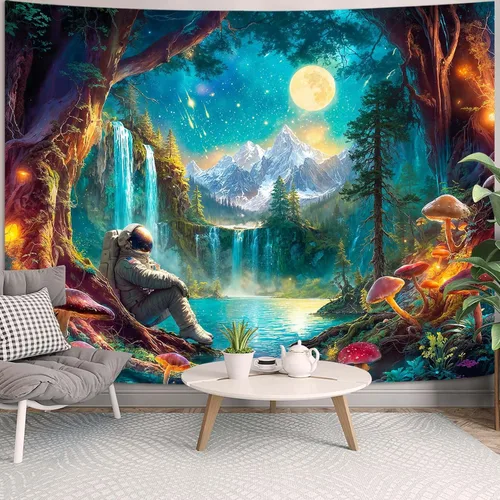 Miniatura 34 de Zussun Tapiz de hongo rojo, tapices de luna y estrella para dormitorio, estética de color beige, noche estrellada, planta verde, tapiz de pared