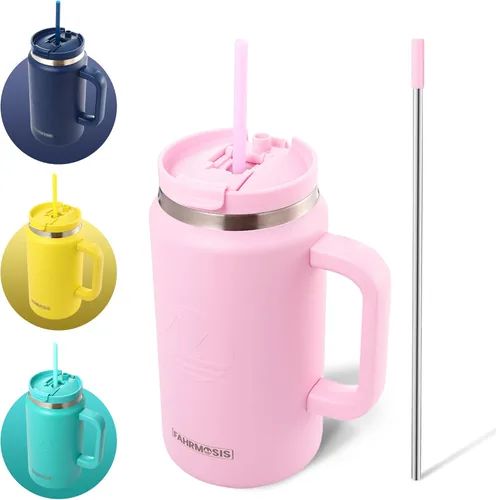 Miniatura 22 de FAHRMOSIS Vaso de 40 onzas con asa y pajita, taza aislada que cabe en el portavasos para bebidas frías y calientes, vaso a prueba de fugas