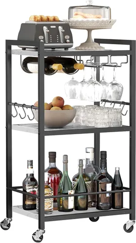 Miniatura 11 de TUTOTAK Carrito de bar, carrito de servicio para bar doméstico, carrito para microondas, carrito de bebidas, estante de cocina móvil con botellero
