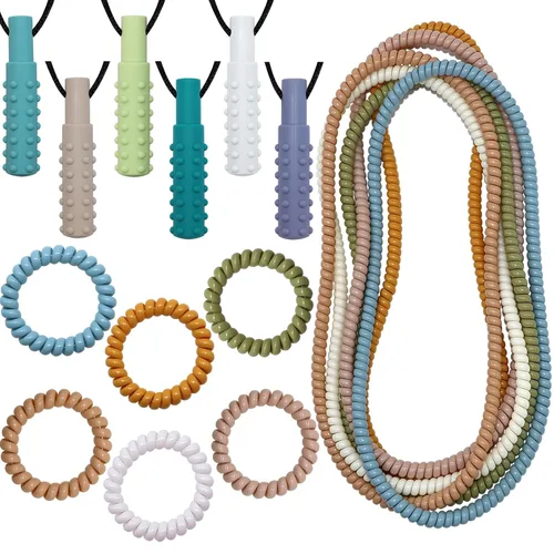 Pulseras elásticas de bobina para masticar para niños, paquete de 18 collares masticables sensoriales con autismo, TDAH, SPD, collares sensoriales