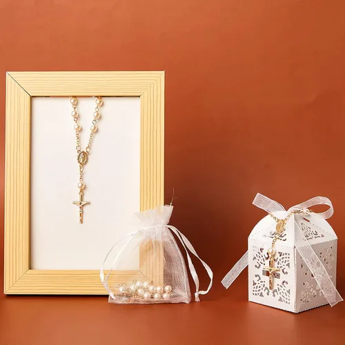 Miniatura 5 de Juego de 50 paquetes de recuerdos de bautismo, cuentas de rosario de bautismo acrílicas, perlas falsas con bolsas de organza, recuerdo de boda