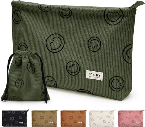 Miniatura 21 de WLLWOO - 2 bolsas de maquillaje de pana con cara sonriente, bolsa de cosméticos con cremallera interior impermeable, estuche para lápices, monedero