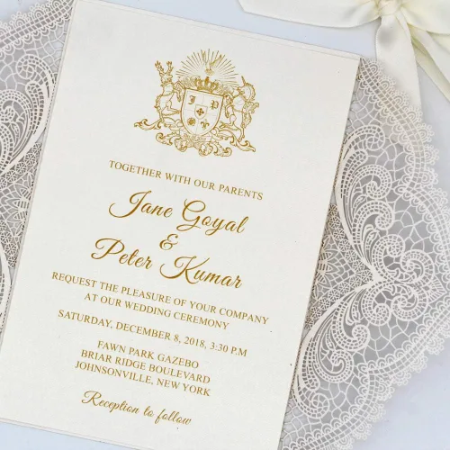 Miniatura 2 de Paquete de 25 invitaciones de boda de encaje cortado con láser marfil con inserto brillante y lazo de cinta, elegantes tarjetas de invitación