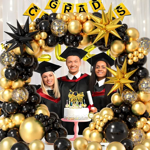 Miniatura 6 de Kit de arco de guirnalda de globos negro y dorado 158 piezas con globos de confeti negro y dorado, globos de papel de aluminio estrella