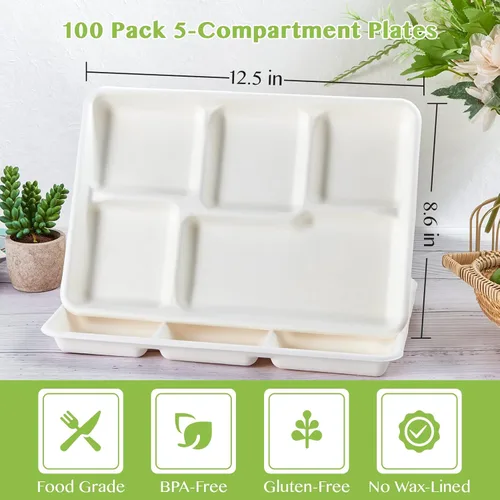 Miniatura 2 de ECOLipak Platos de 5 compartimentos 100% compostables, paquete de 100 platos de papel desechables con compartimentos, platos biodegradables de caña