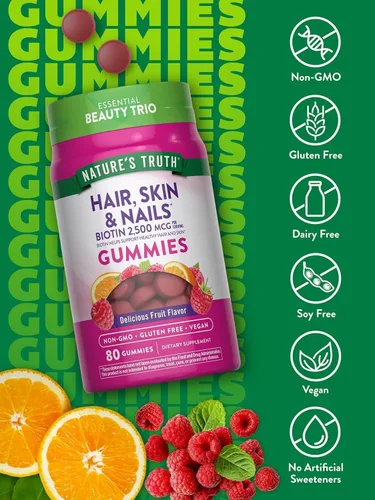 Miniatura 3 de Nature's Truth Gomitas para el cabello, la piel y las uñas, 2500 mcg, sabor a fruta de biotina, 80 unidades, paquete de 2
