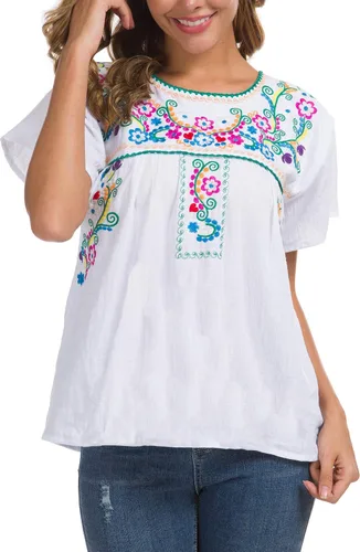 Miniatura 3 de YZXDORWJ - Blusa mexicana bordada para mujer - Camisa de verano manga corta