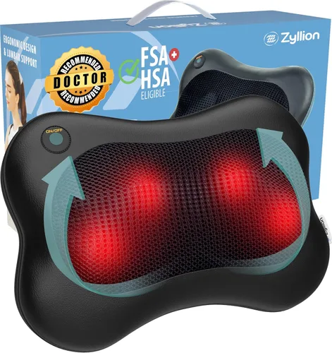 Zyllion Masajeador Shiatsu de espalda y cuello con calor - Almohada de masaje eléctrico de amasado de tejido profundo 3D para alivio del dolor Negro