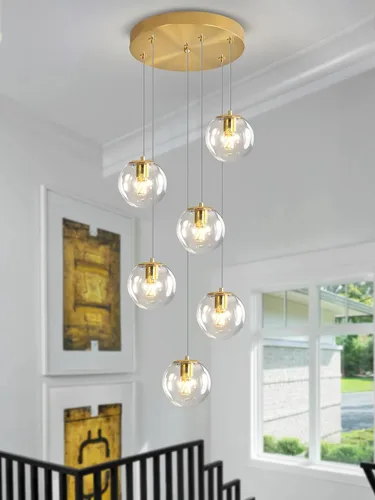 Miniatura 22 de ykolupty Escalera LED de 10 luces LED moderna con globo de cristal, lámpara colgante grande para techos altos, accesorios de iluminación de entrada