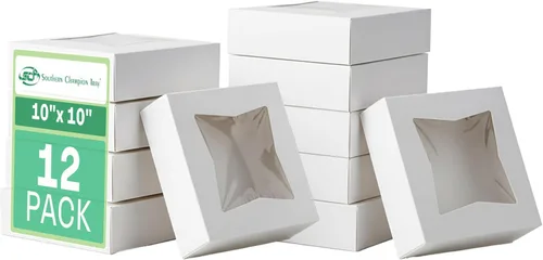 SCT - Caja de panadería de ventana blanca (paquete de 12) de 10 x 10 x 2.5 pulgadas, contenedores desplegables automáticos para tartas, paquete de
