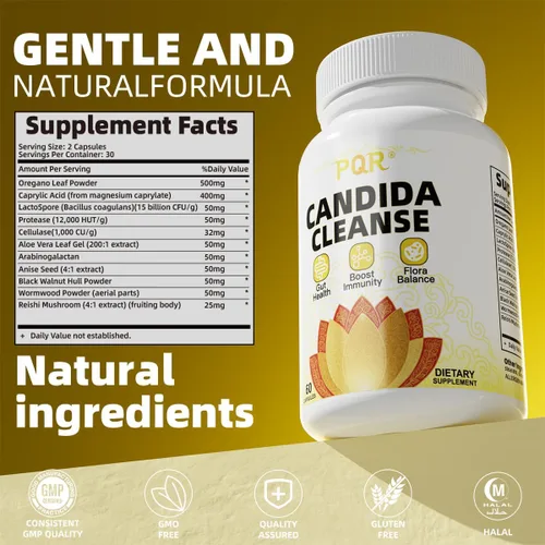 Miniatura 2 de PQR Candida Cleanse - Soporte intestinal y colon, fórmula herbaria natural, incluye hoja de orégano, ajenjo, nogal negro, ácido caprílico-1, 120