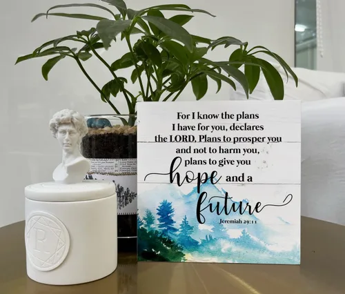 Miniatura 5 de Señales de madera cristianas, versículo de la Biblia Jeremías 29:11 - Porque sé los planes que tengo para ti, señal de caja decorativa para mesa