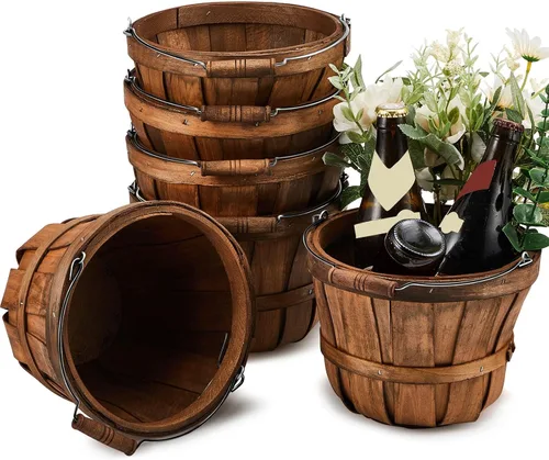 Miniatura 8 de Marsui 1 cesta redonda de madera para manzana, pequeño bushel con asas para regalos, cesta vacía, cubos de frutas para recoger fresas, flores
