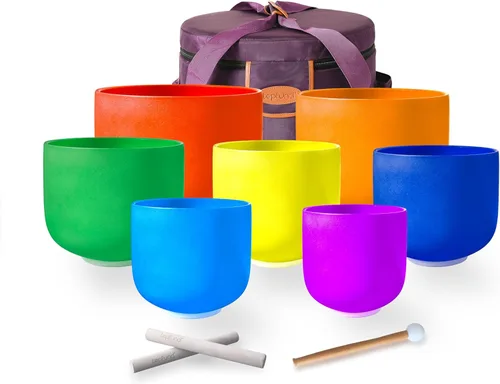 Miniatura 14 de TOPFUND Juego de 7 cuencos de canto de cristal para chakras de 15.24 a 30.48 cm con funda de transporte resistente y mazos Nota C