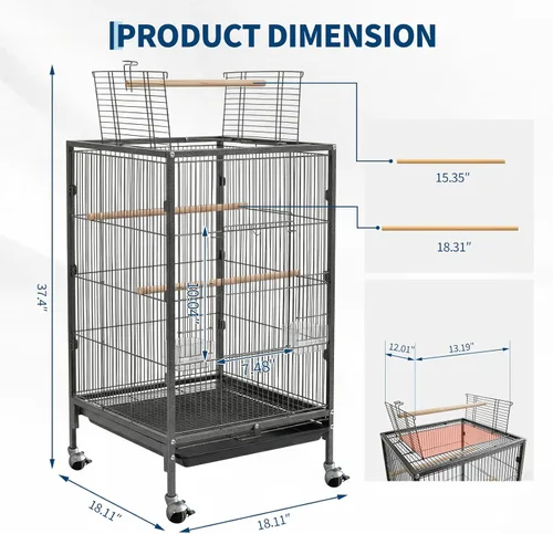 Miniatura 2 de Garvee Jaula para pájaros con parte superior abierta, jaula de metal resistente para pájaros con soporte rodante para periquitos, canarios