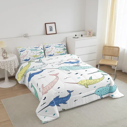 Miniatura 3 de Erosebridal Narwhal - Juego de edredón de ballena oceánica, edredón de plumón náutico costero para niños y niñas, vida marina, animales de dibujos