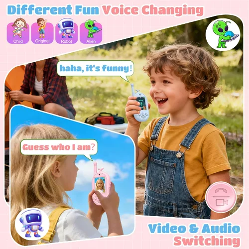 Miniatura 5 de Walkie Talkies de video para niños, paquete de 2, Walkies talkies para niños con cambiador de voz y efecto adhesivo, juguetes recargables de largo