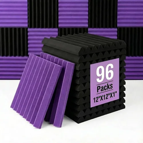 Paquete de 96 azulejos de pared insonorizados de espuma acústica Absorb the eco, color morado y negro, 12 x 12 x 1 pulgadas (acompañado de cinta