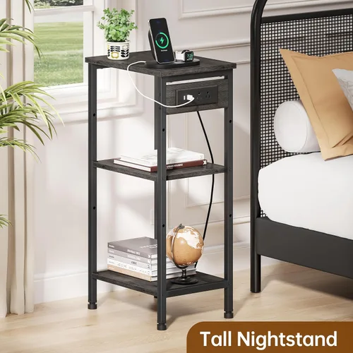 Miniatura 5 de Asgolion - Mesita alta con estación de carga, mesa auxiliar estrecha de 3 niveles con almacenamiento, mesa de noche delgada con puertos USB y tomas