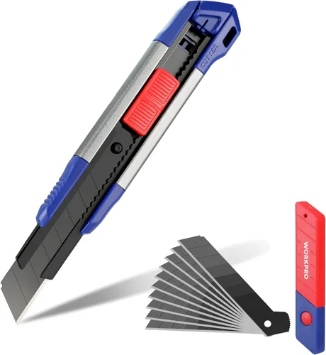 WORKPRO Cuchillo Utilitario Retráctil de 18mm, Cortador de Caja de Alta Resistencia con 10 Piezas de Cuchillas SK5 para Cartón, Cartón Duro y Cajas,