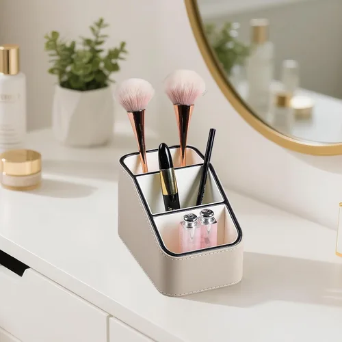 Miniatura 8 de Soporte para control remoto de piel sintética, organizador de escritorio pequeño, suministros de oficina, mesita de noche para mesa auxiliar, Beige