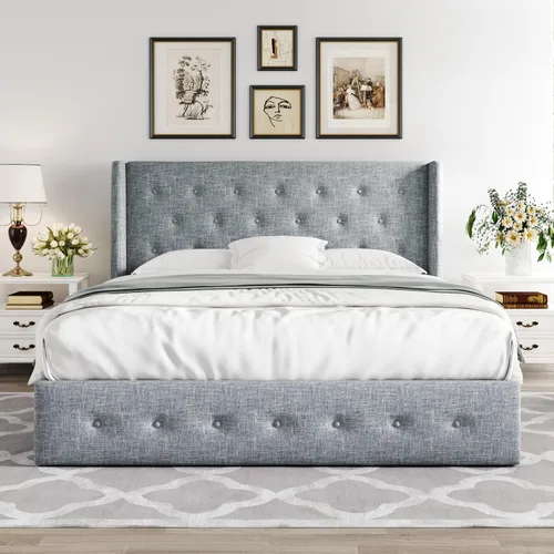 Miniatura 7 de Allewie Cama de Almacenamiento Elevable Tamaño Completo, Cabecero Capitonado con Botones con Respaldo de Ala, Soporte Hidráulico, No Necesita Gris