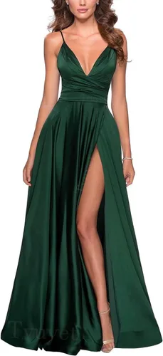 Elegantes vestidos largos de baile para mujer, vestido de baile con abertura en V plisado, vestido formal con tren de satén, vestidos de noche