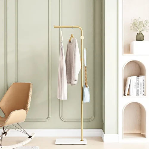Miniatura 5 de DOORXIFO Perchero dorado con base blanca, estante de entrada independiente con 3 ganchos, perchero en forma de L para chaquetas, sombreros, ropa