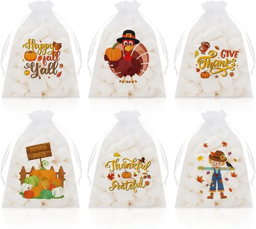 Whaline 48 bolsas de organza de otoño con cordón de pavo, calabaza, espantapájaros, palabras, bolsas de regalo, bolsa de regalo de joyería, bolsa de