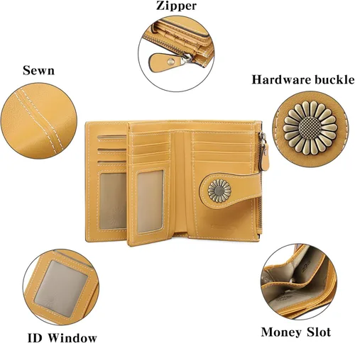Miniatura 10 de SENDEFN - Billetera pequeña de piel auténtica para mujer, diseño plegable con ventana para tarjeta de identificación